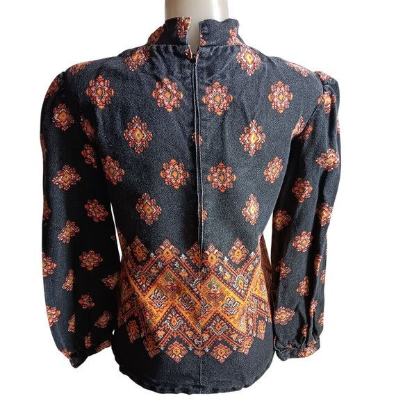 Vintage Medium 1970's Top 1OF1 High-Neck Blouse Zip Back & Geometric Pattern - Picture 2 of 8